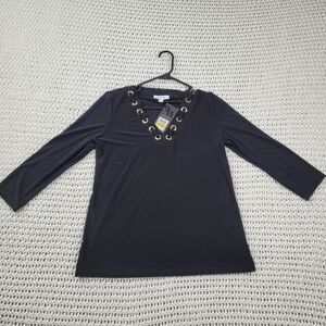 Nine West Top Womens Sz M Black Long Sleeve V-Neck With Gold Ring  Detail NWT